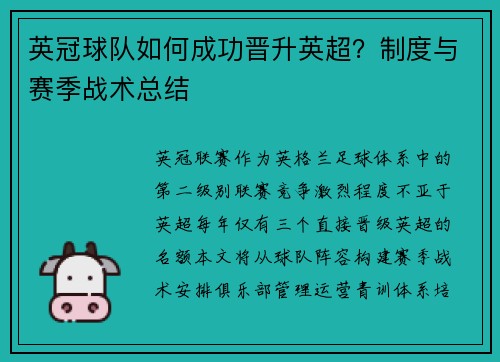 英冠球队如何成功晋升英超？制度与赛季战术总结